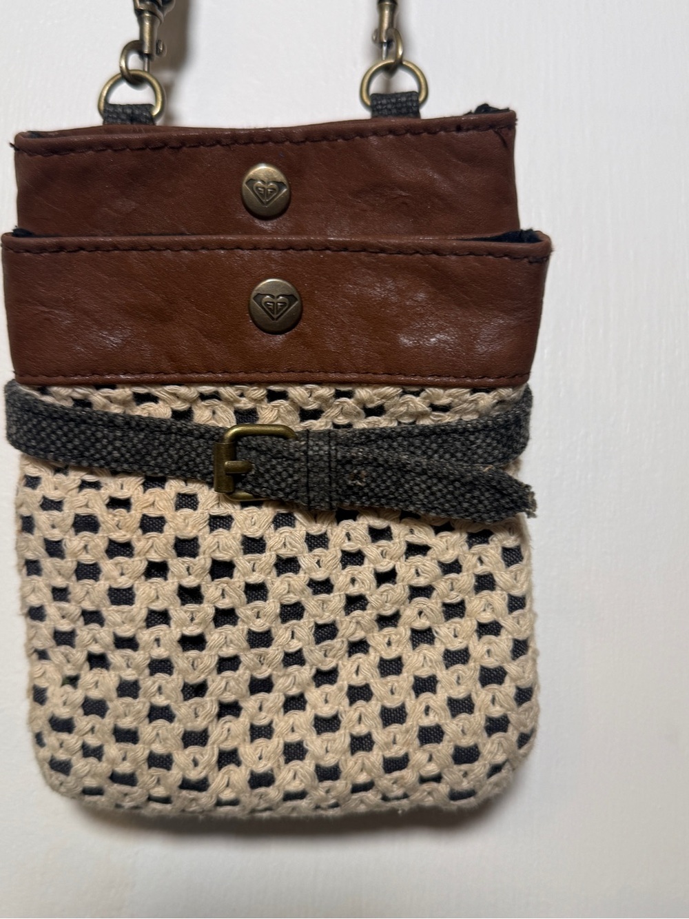 Roxy Y2K Brown Leather & Cream Crochet Crossbody Pouch Purse Vintage 90s
